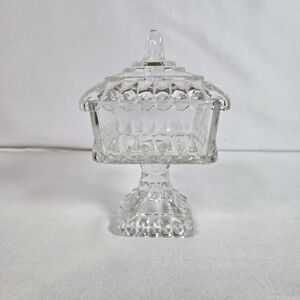 Jeanette Pedestal "Wedding Box" Clear Glass Pressed Glass Candy Dish 5" Tall